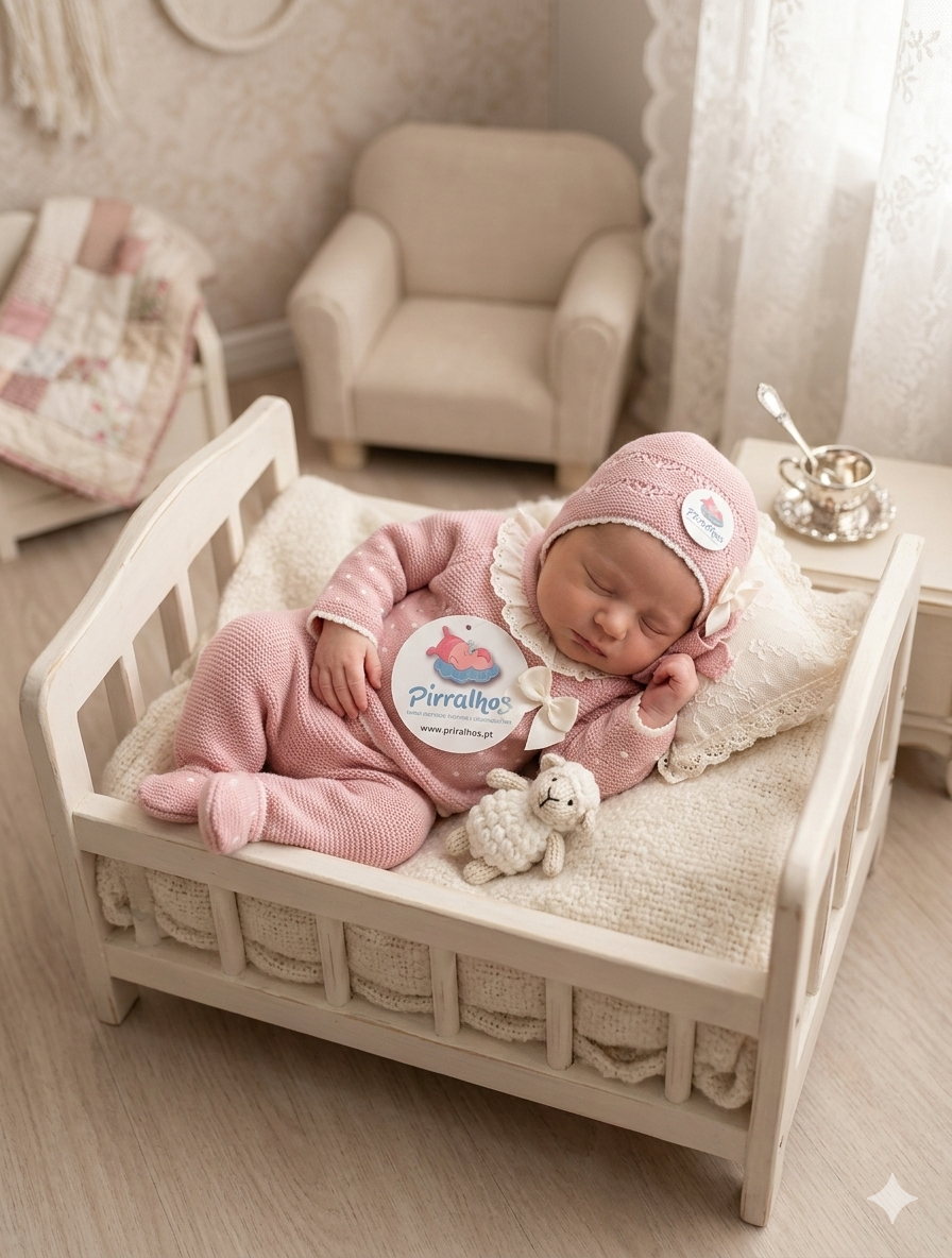 Bebé vestido com roupa rosa a dormir numa cama de madeira clara com almofada rendada e brinquedo de malha.