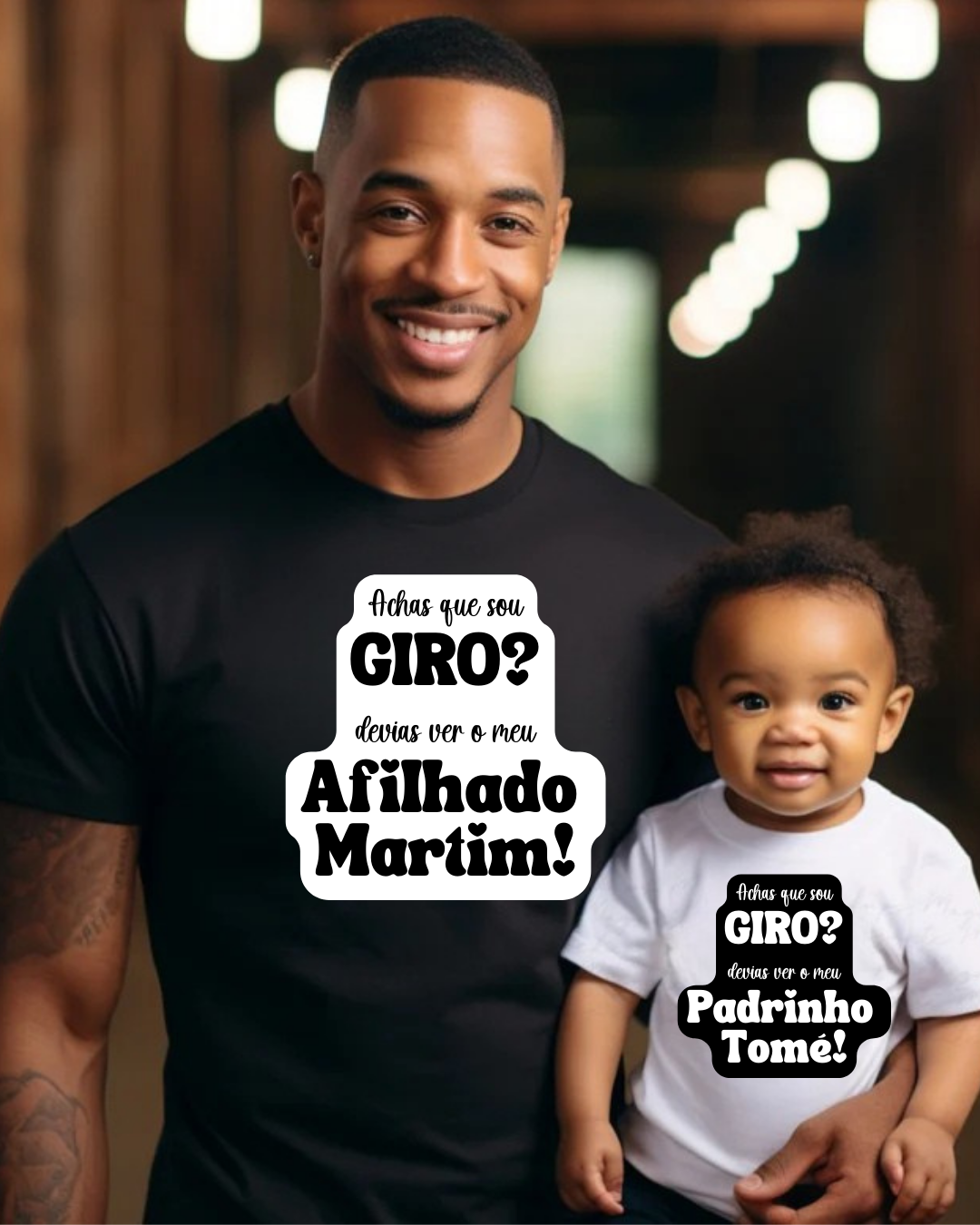Homem e bebê com camisetas personalizadas pretas e brancas com texto divertido