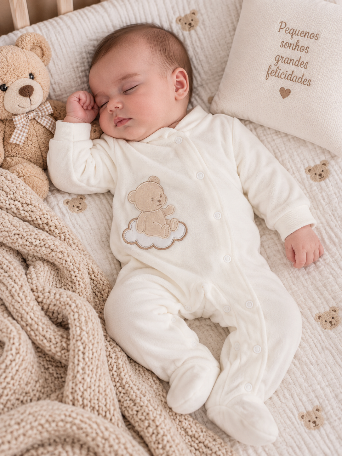 Bebé a dormir com pijama branco e ursinho de peluche à esquerda