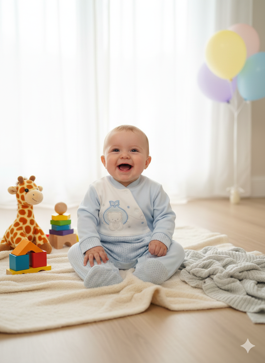 Bebé sorridente com pijama azul sentado em cobertor com brinquedos e balões