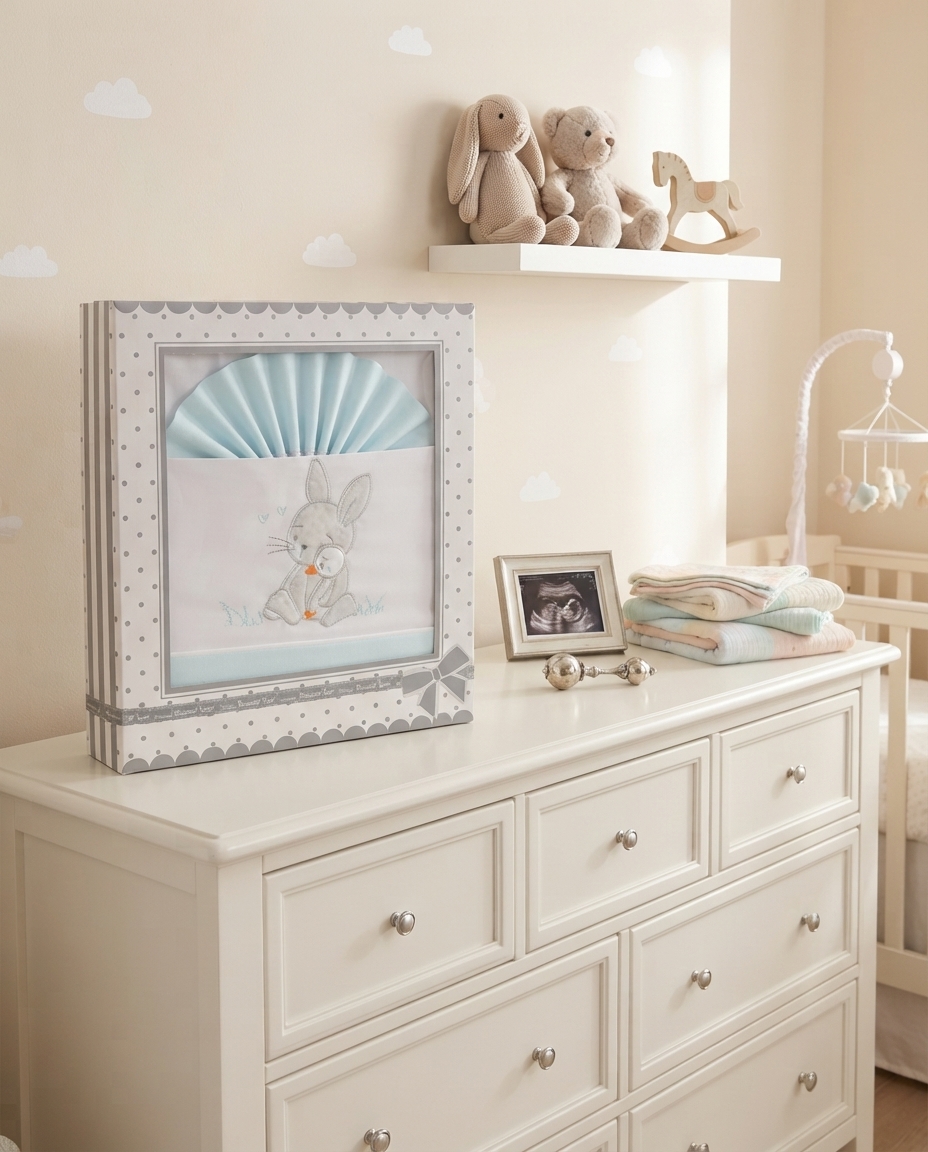 Quarto de bebé com cómoda branca, caixa com desenho de coelho, peluches, manta colorida e móbile