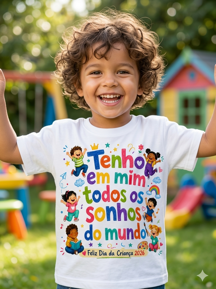Camisola branca com texto colorido e ilustrações de crianças felizes