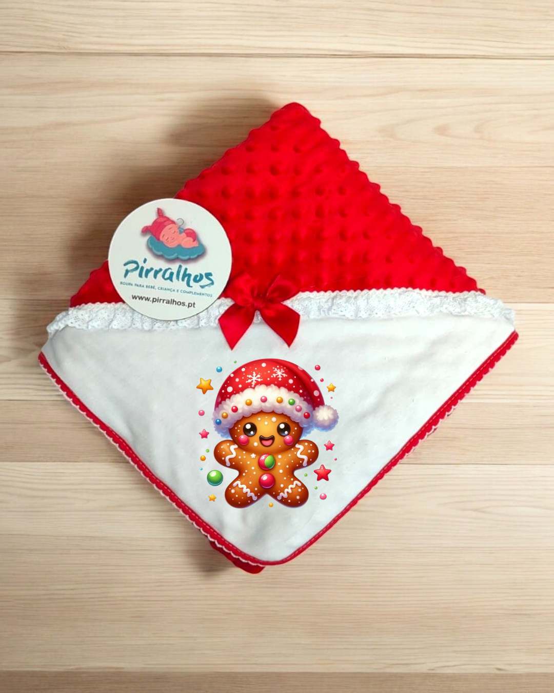 Manta para bebé vermelha e branca com desenho de boneco de gengibre de Natal