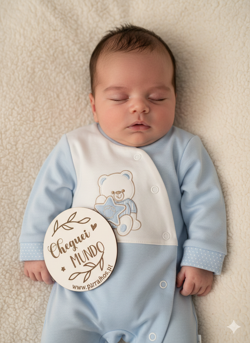 Bebé recém-nascido deitado com babygrow azul e branca e placa redonda de madeira com texto em português.