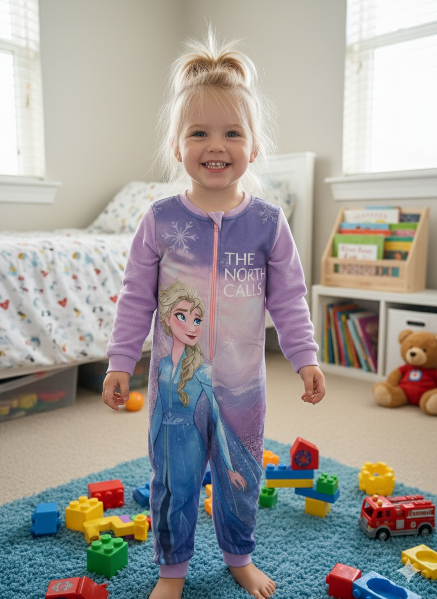 Pijama de criança em fleece com personagem Elsa, texto THE NORTH CALLS, quarto infantil colorido.