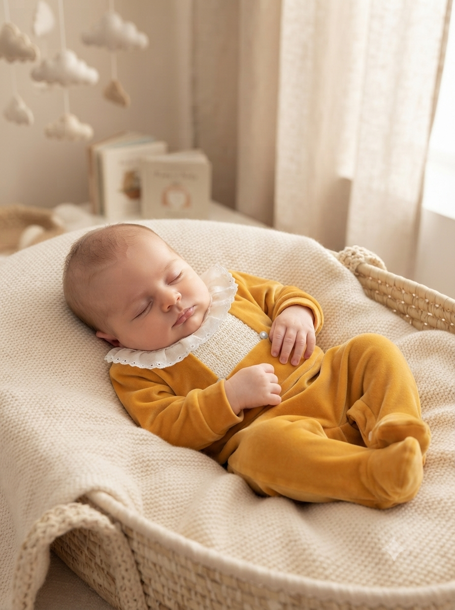 Bebé vestido com pijama amarelo deitado numa cesta de vime com cobertor bege