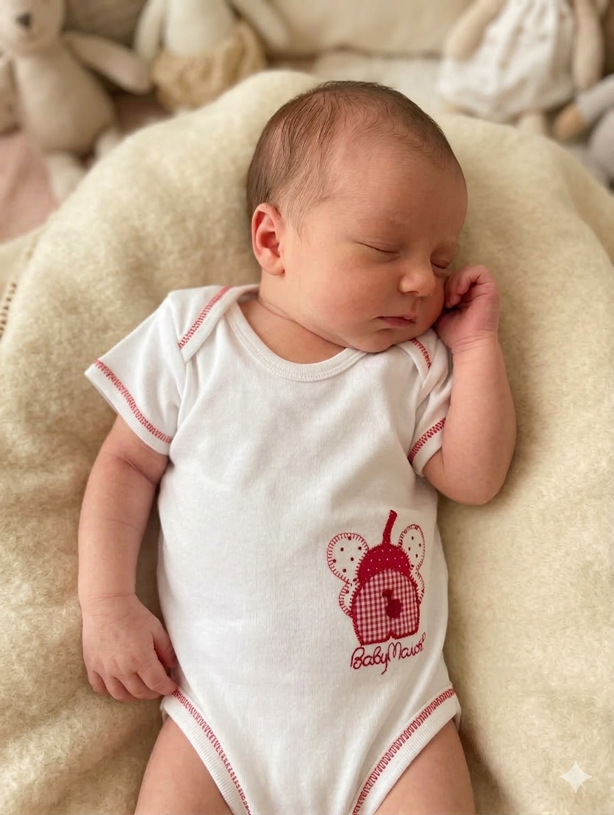 Body branco de bebé com detalhes vermelhos e patch bordado com texto Baby Major