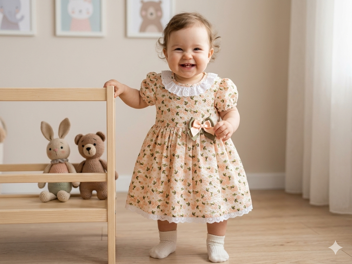 Bebé sorridente com vestido floral cor de pêssego com laço, meias brancas, junto de móveis de madeira clara e brinquedos de peluche