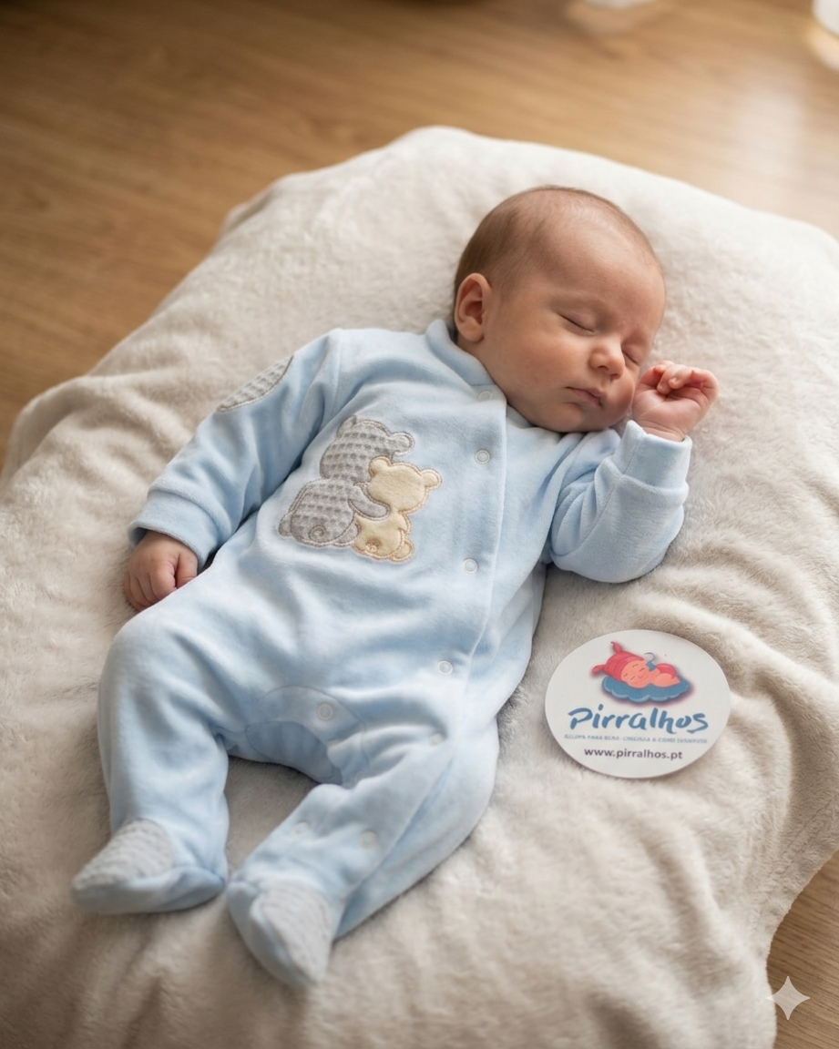 Bebé de pijama azul claro com ursos, deitado em almofada branca felpuda com etiqueta Pirralhos ao lado.