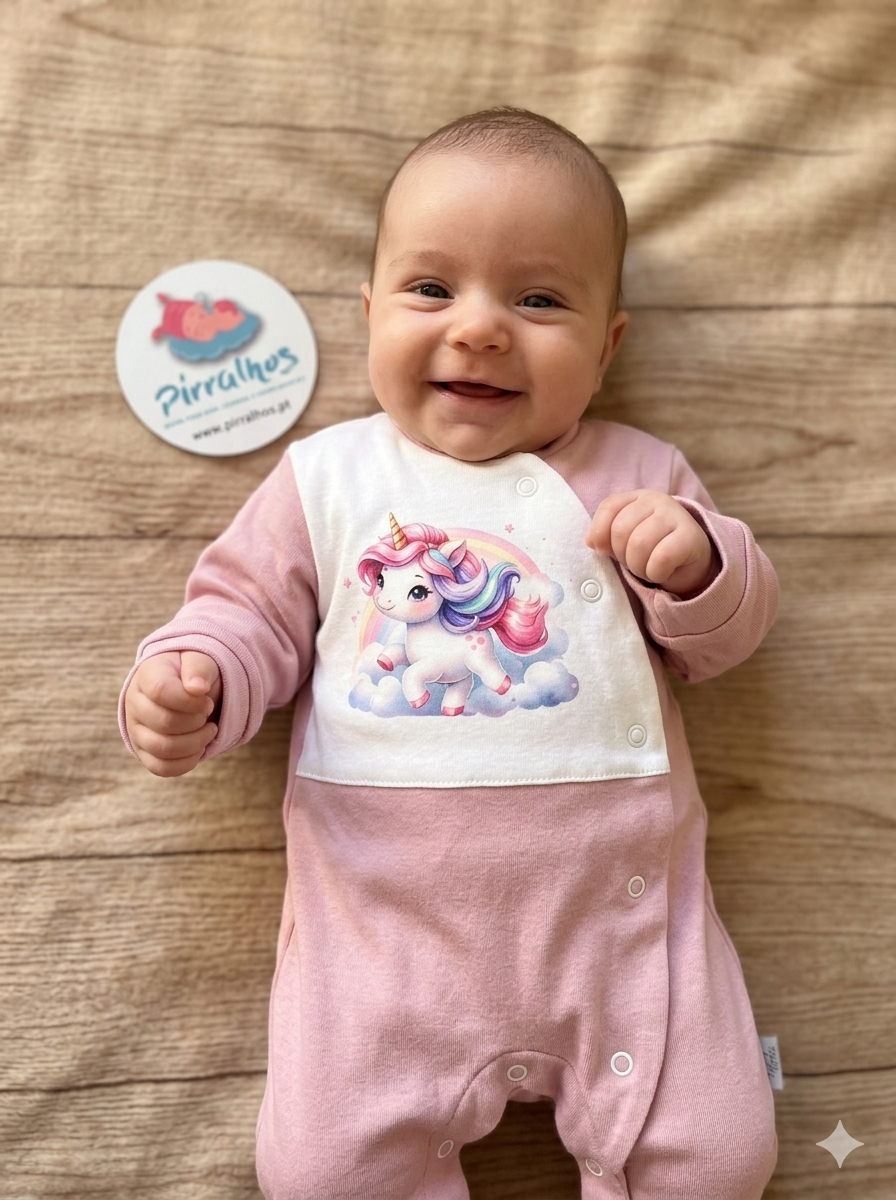 Bebé sorridente vestido com macacão rosa e branco com desenho de unicórnio.