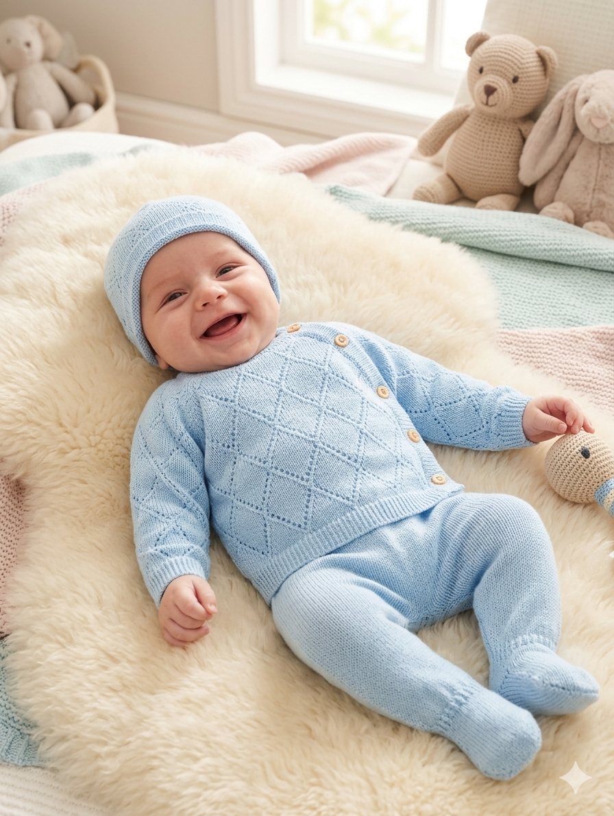 Bebé com roupa de malha azul claro deitado em tapete peludo em ambiente com brinquedos de peluche