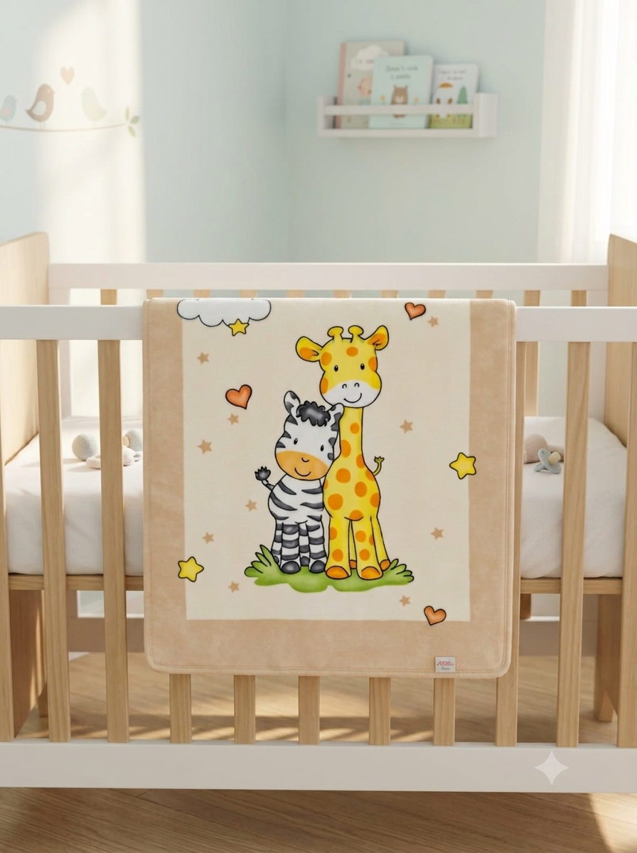 Cobertor de bebé com ilustração de zebra e girafa num berço branco