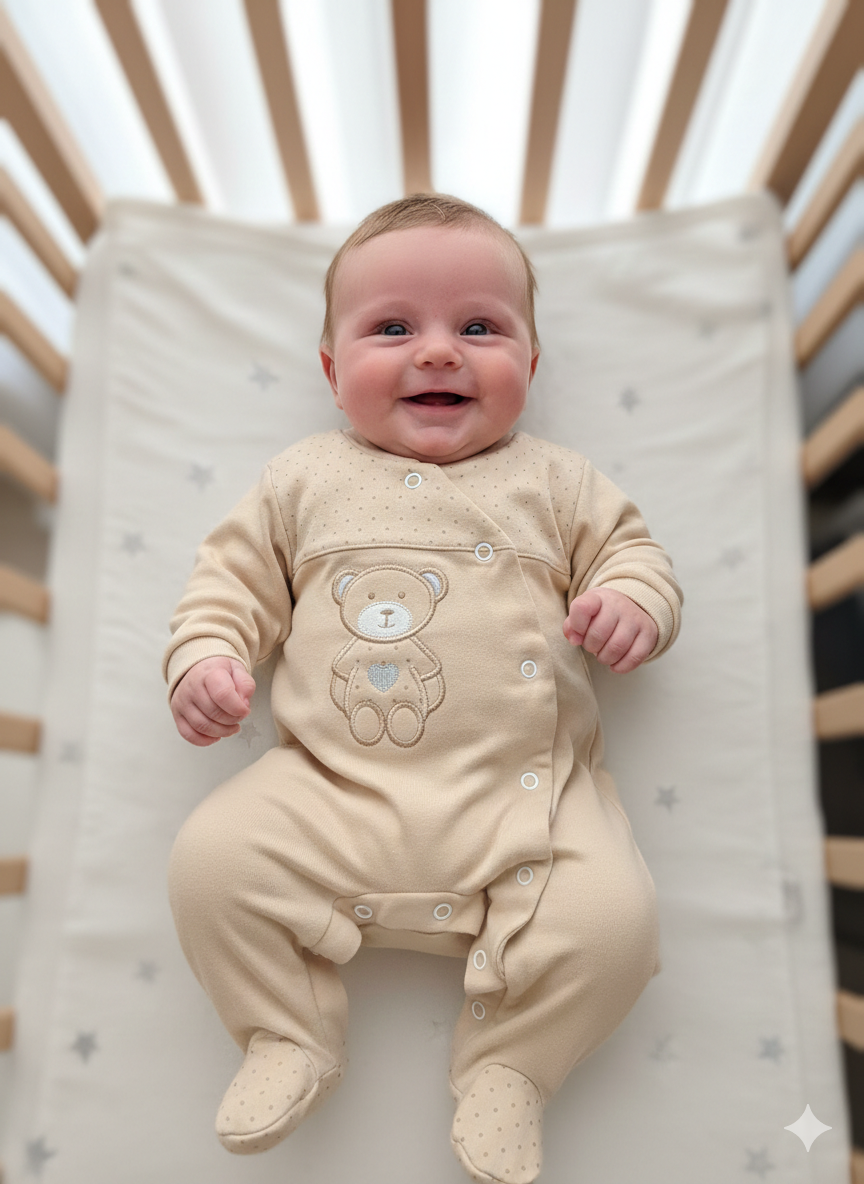Bebé sorridente com macacão bege com ursinho bordado deitado numa cama com lençol branco com estrelas.