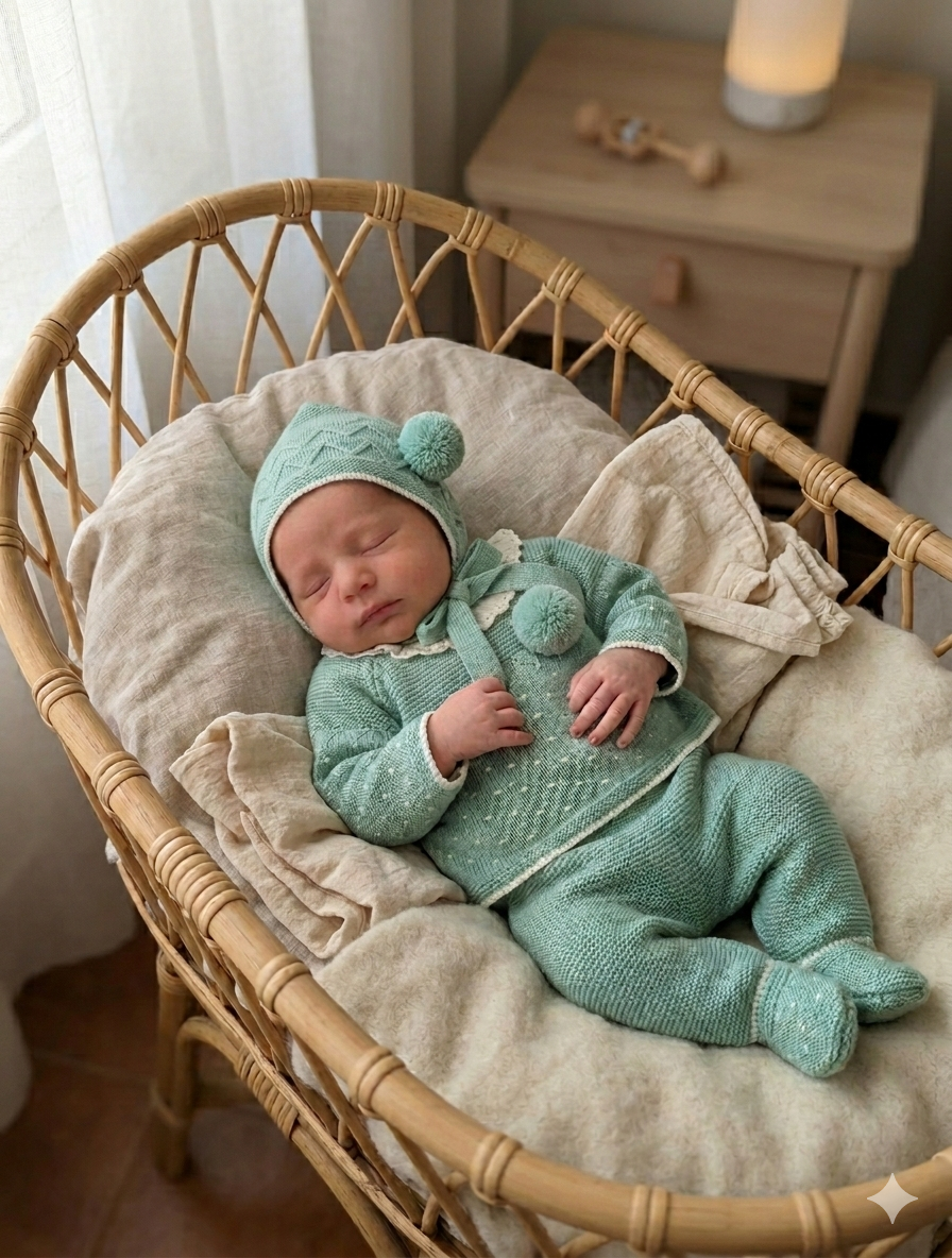 Bebé vestido de lã verde com pompons num berço de vime