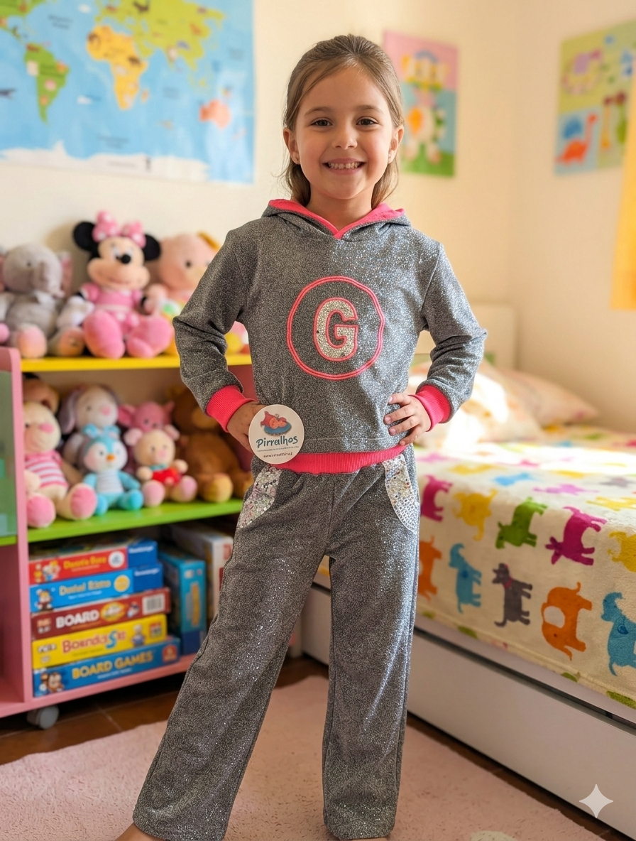 Conjunto de roupa infantil cinzenta com capuz e calças, detalhes rosa, com letra G no peito, usada por criança num quarto com brinquedos e cama colorida