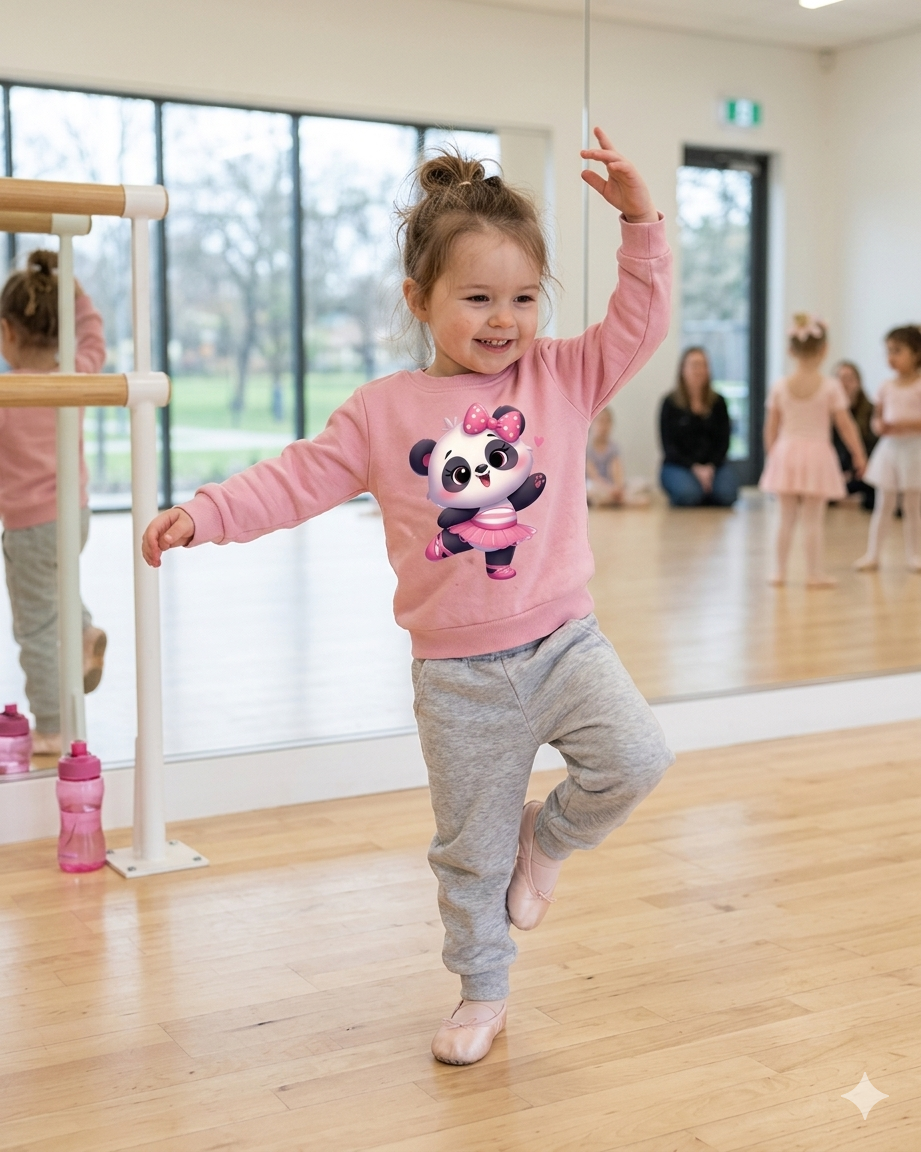 Menina a dançar em estúdio de ballet com sweatshirt rosa estampada e calças cinzentas
