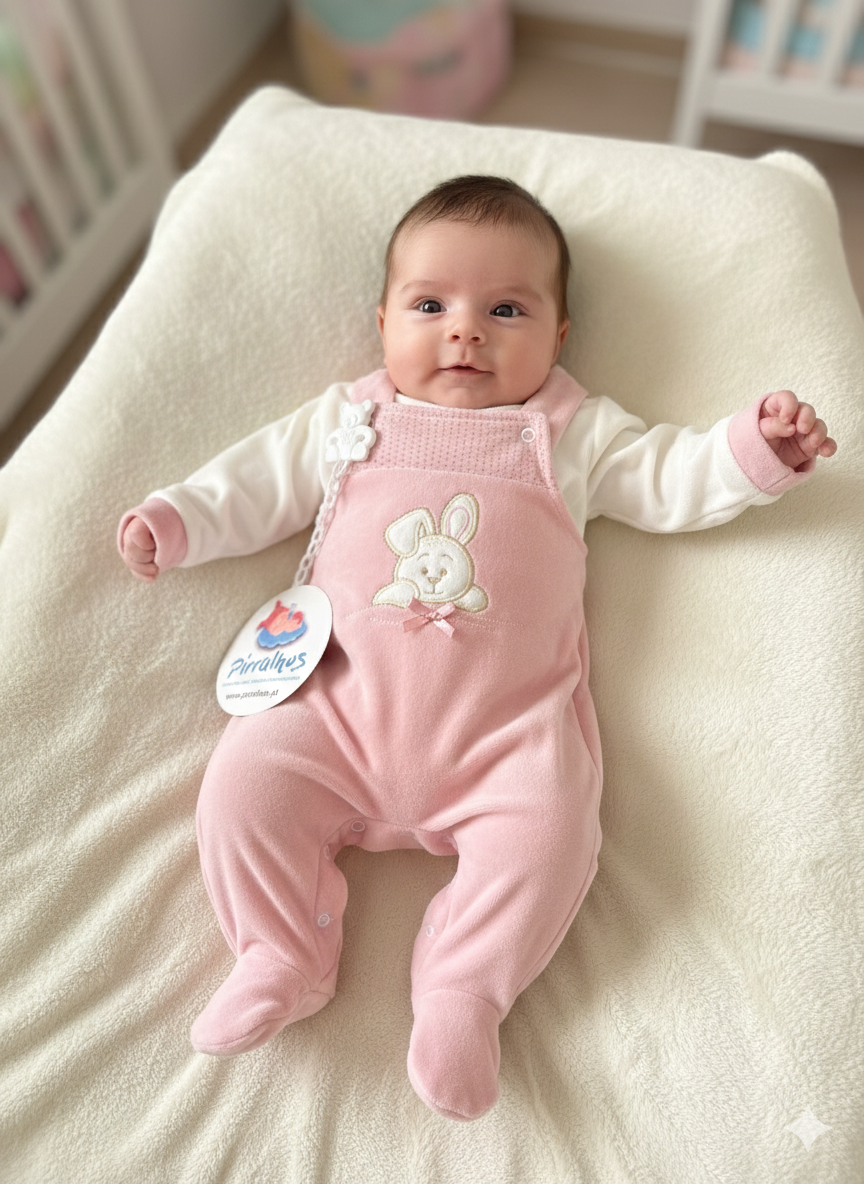 Macacão cor-de-rosa para bebé com bordado de coelho, manga branca e etiqueta Piralhus.