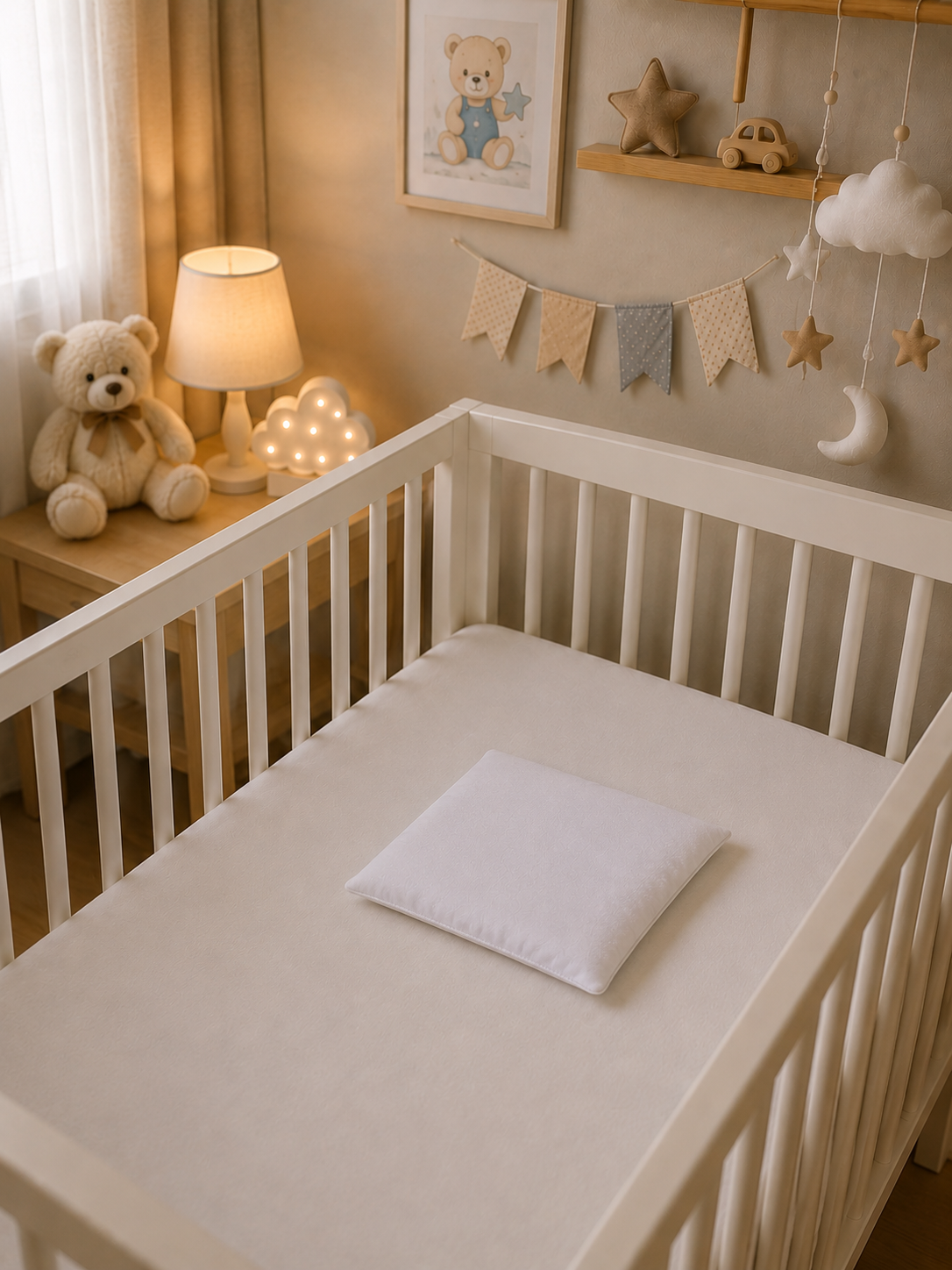 Berço branco com colchão bege e almofada branca numa decoração suave de quarto de bebé.