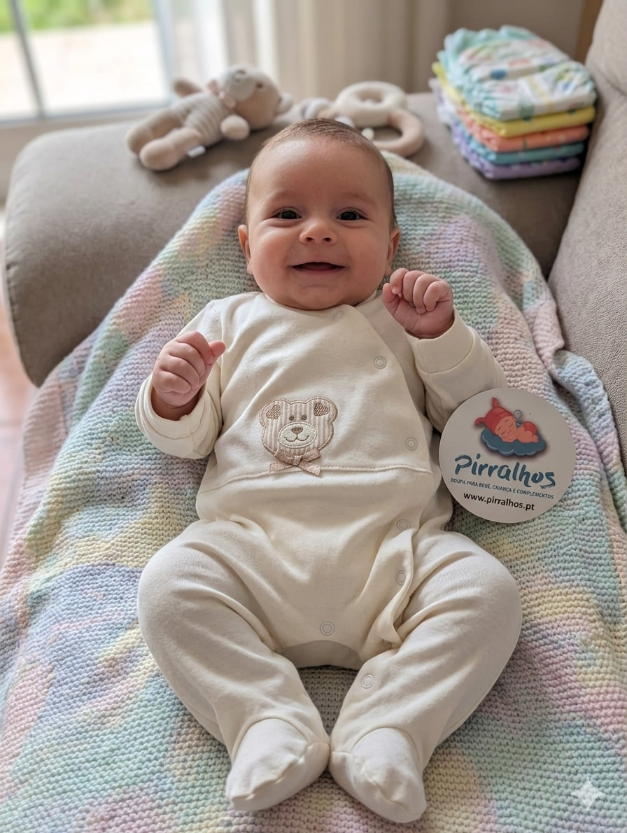Bebé com macacão creme e manta colorida sobre sofá, com brinquedo e fraldas ao lado