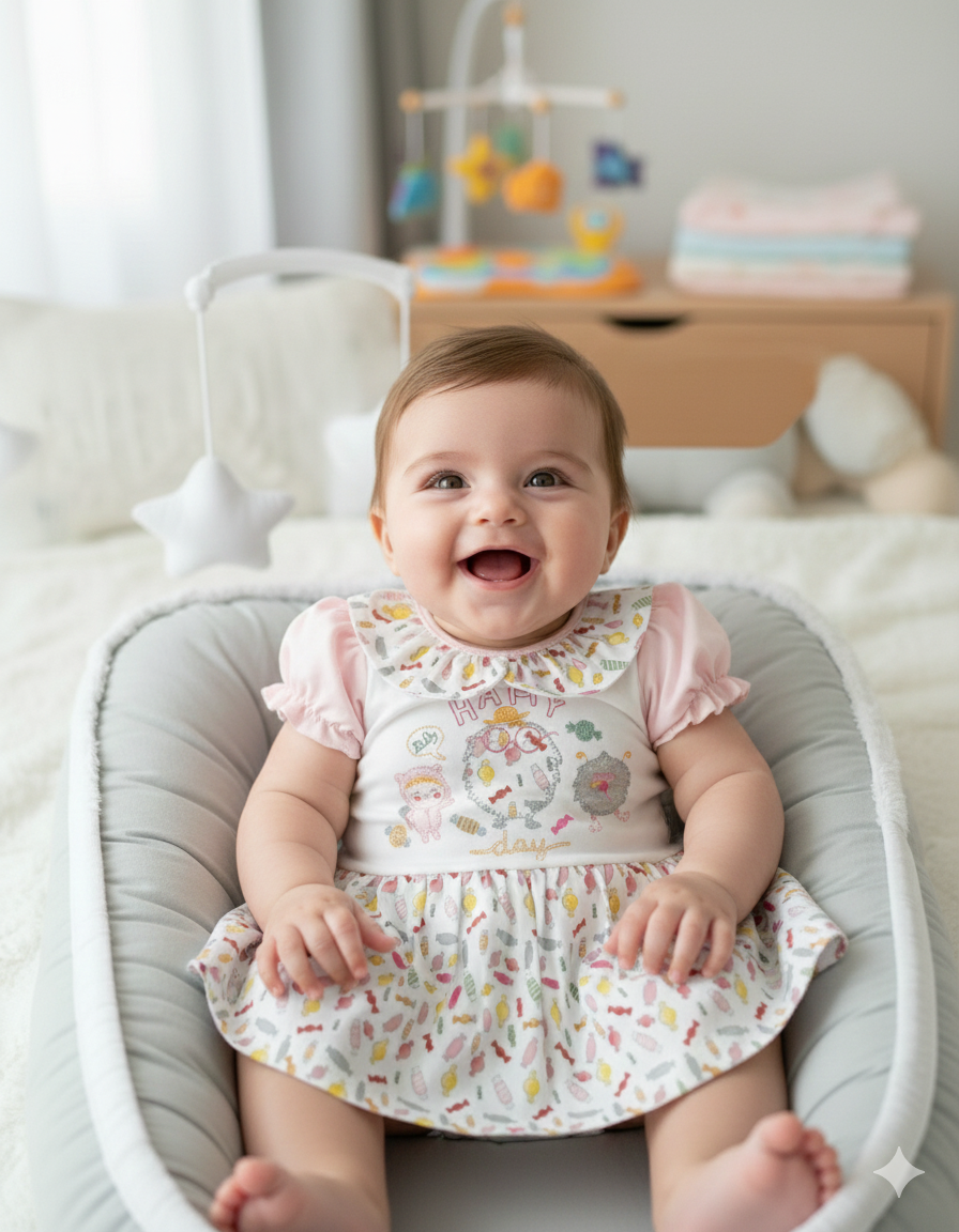 Bebé sorridente com vestido branco e rosa sentado em almofada cinza clara num quarto de bebé