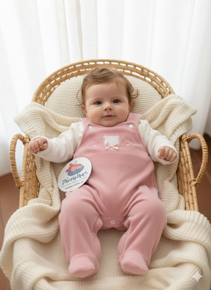 Bebé com macacão cor-de-rosa numa minicama de verga com manta creme.