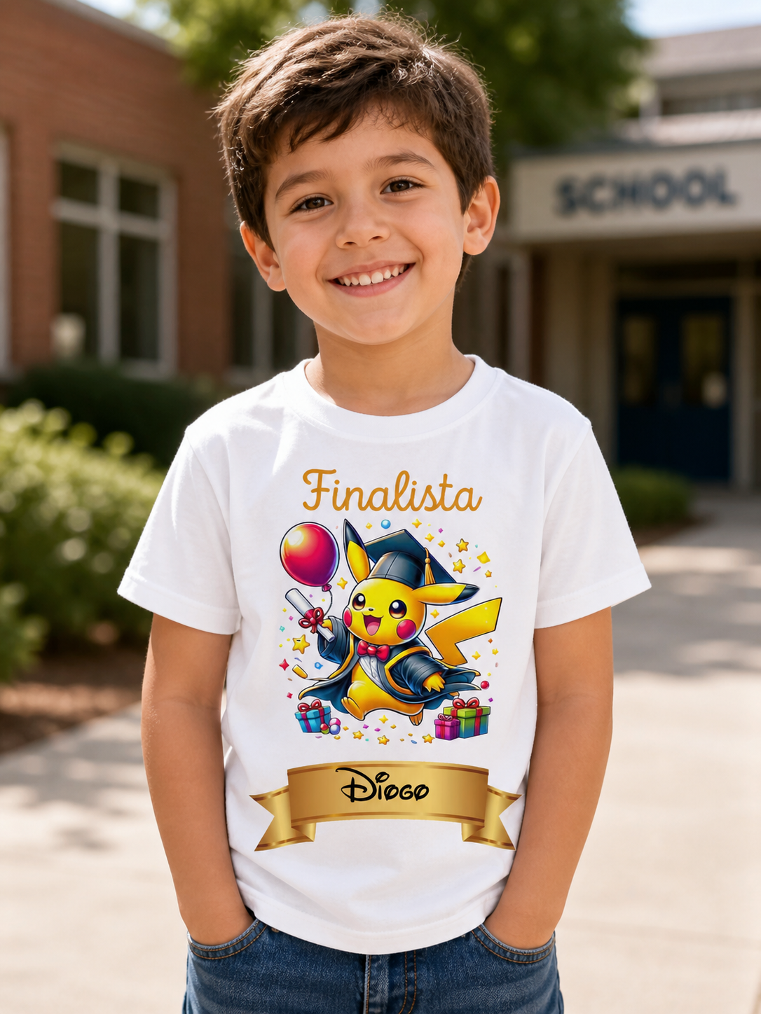 Camisola branca de criança com estampa de Pikachu graduado com texto Finalista e nome Diogo