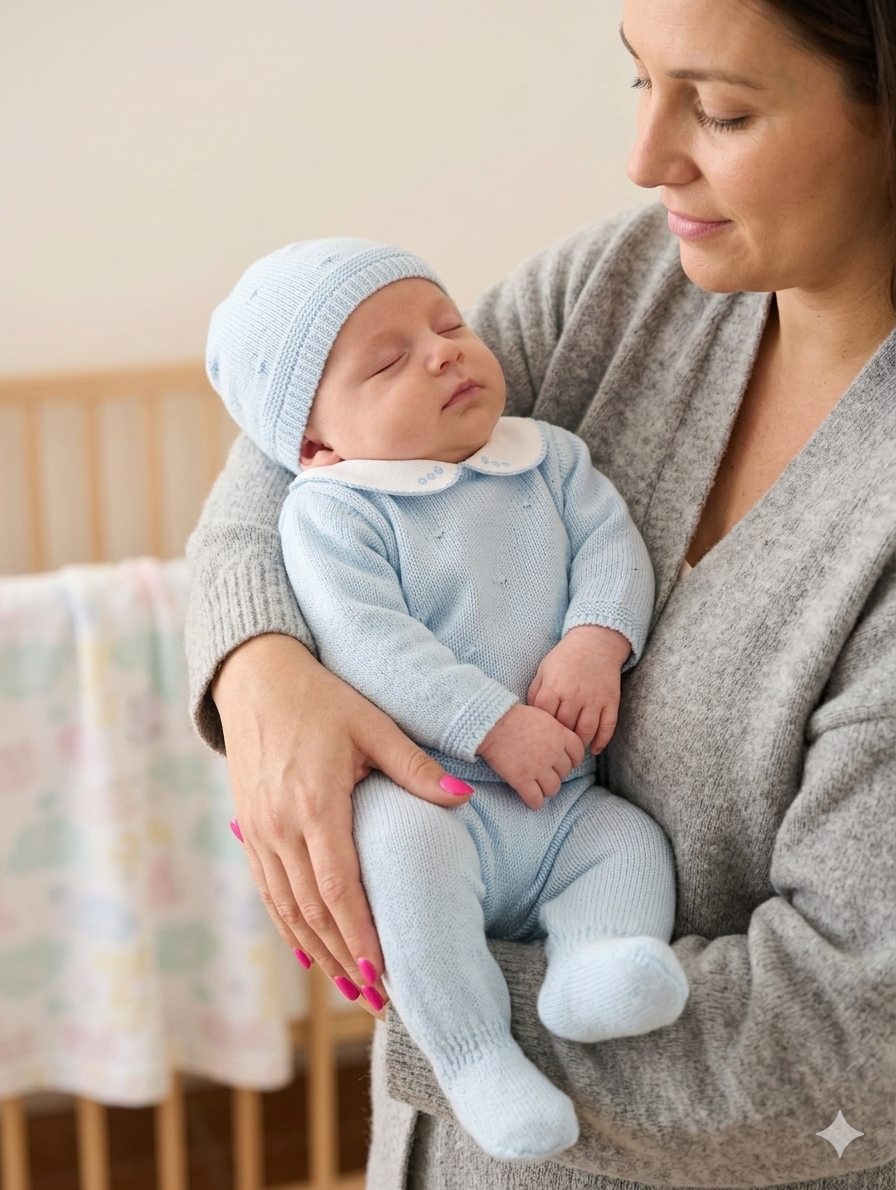 Bebé vestido de azul claro com gorro e macacão, a dormir nos braços de uma mulher com camisola cinzenta, berço ao fundo