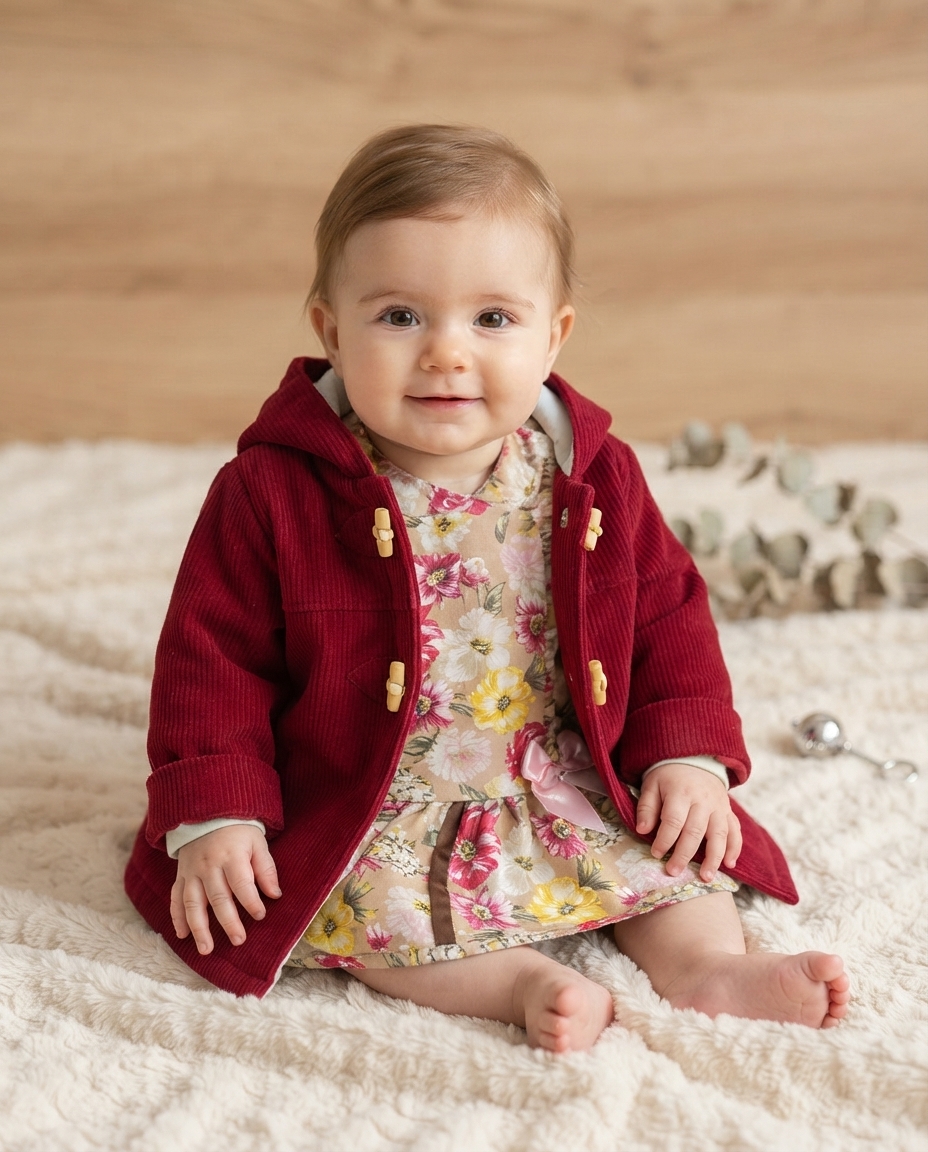Bebé com vestido floral e casaco vermelho sentada em manta branca