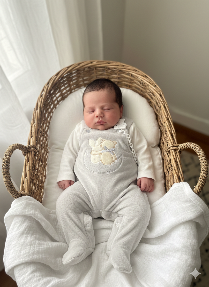 Bebé vestido de pijama cinzento claro com urso e coelho bordados numa cesta de vime