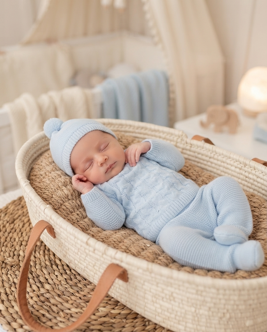 Bebé adormecido em conjunto de malha azul clara dentro de casulo branco em rattan com alças castanhas.