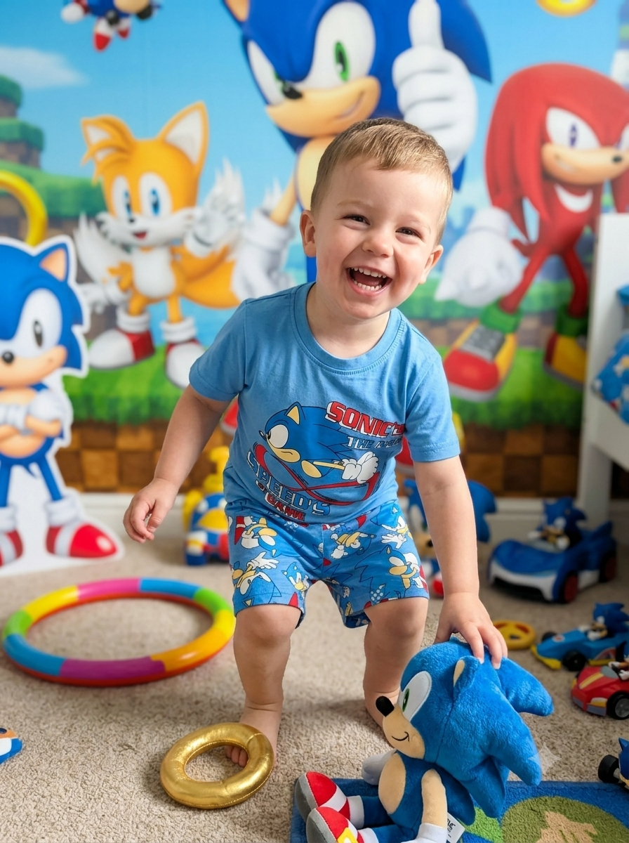 Criança com roupa do Sonic numa sala cheia de brinquedos e decoração do Sonic