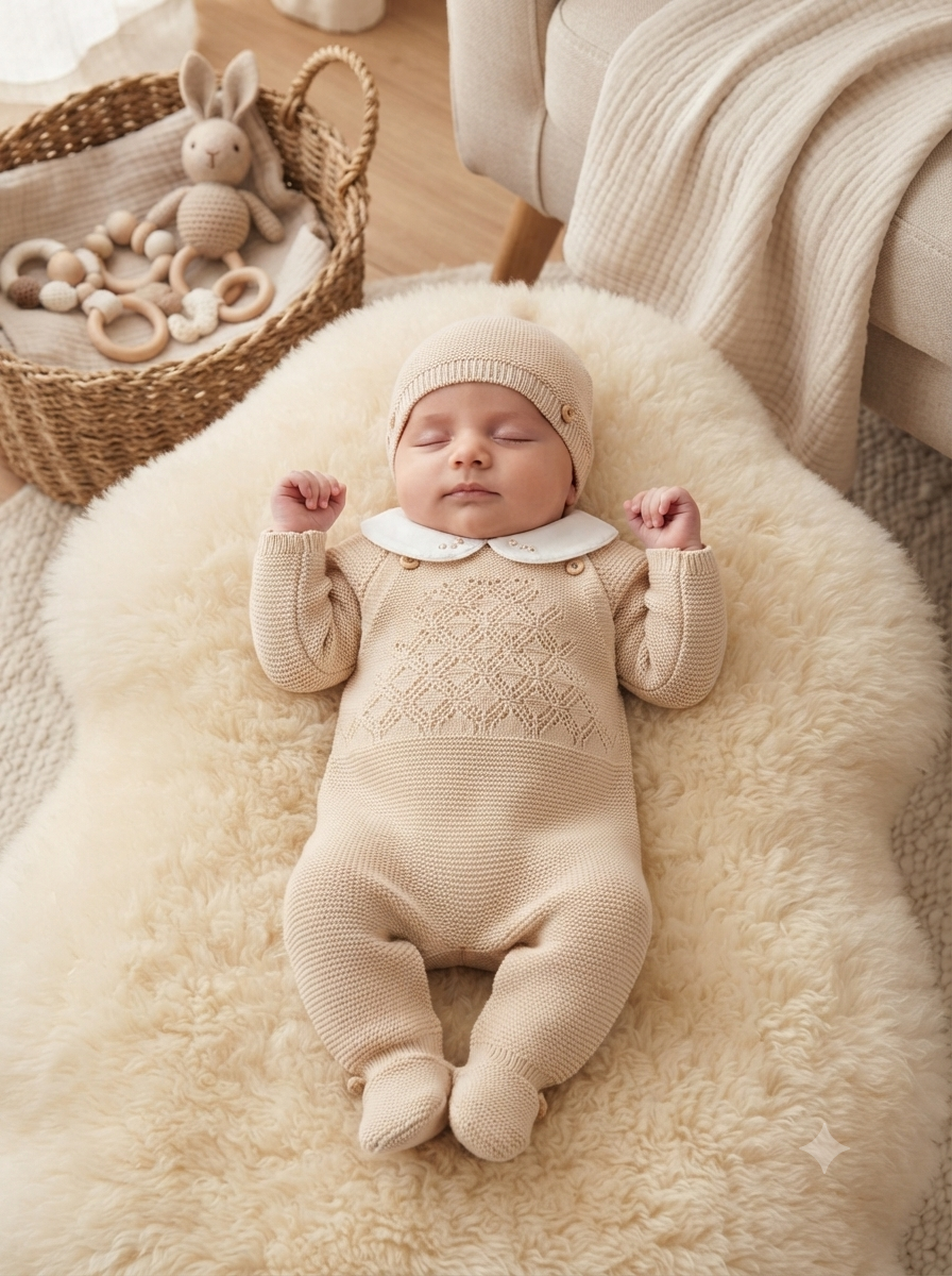 Bebé deitado em almofada creme veste fato de malha creme com gola branca e gorro, perto de cesta com brinquedos de madeira e crochet.