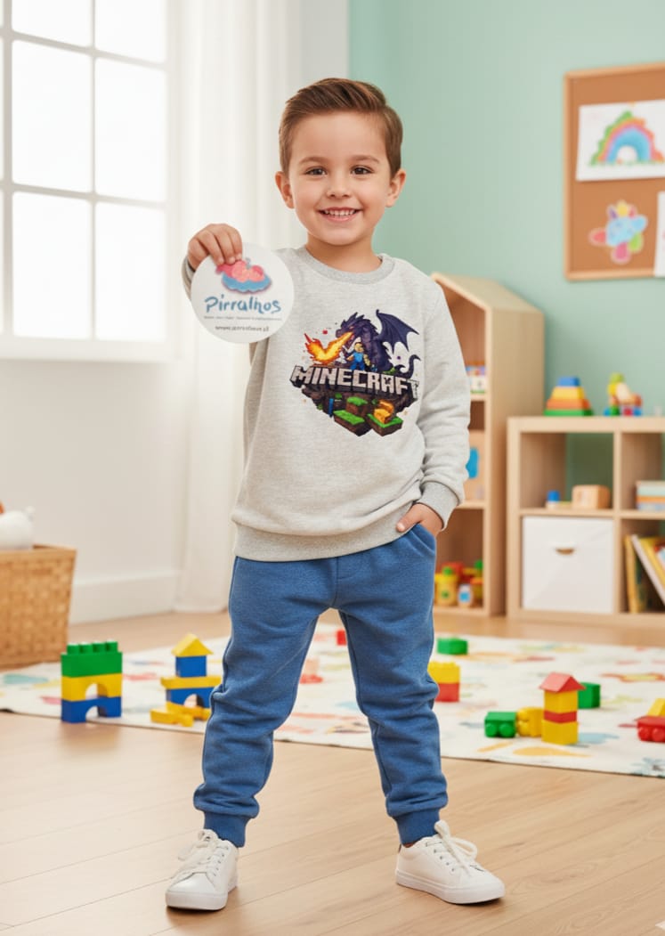 Menino com sweatshirt Minecraft e calças azuis em quarto infantil com brinquedos