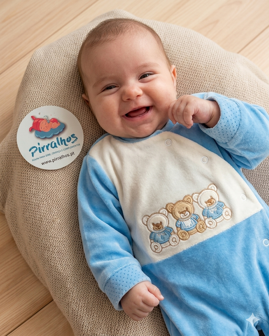 Bebé sorridente com macacão azul e creme junto a etiqueta Pirralhos
