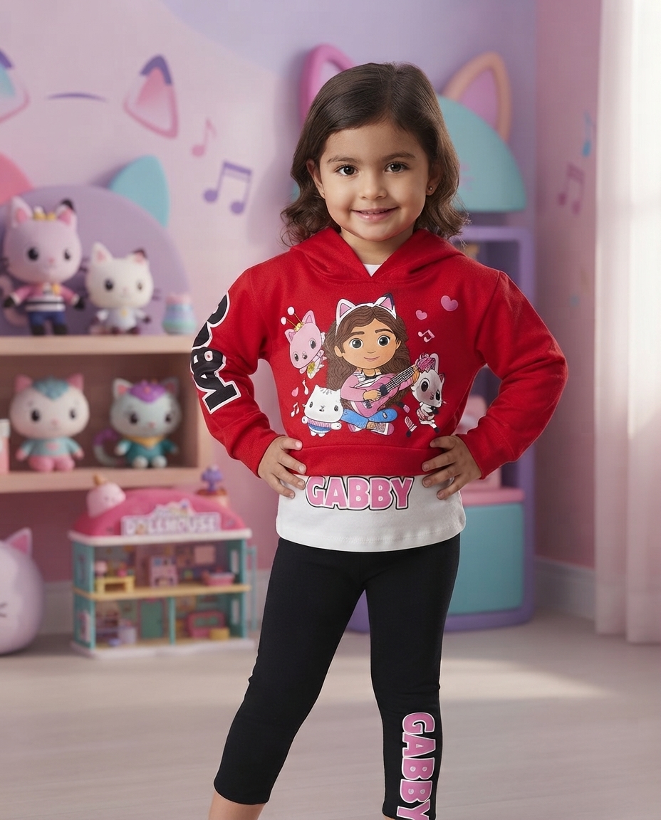 Criança vestindo camisola com capuz vermelha e branco e leggings pretas com estampa GABBY em quarto infantil decorado