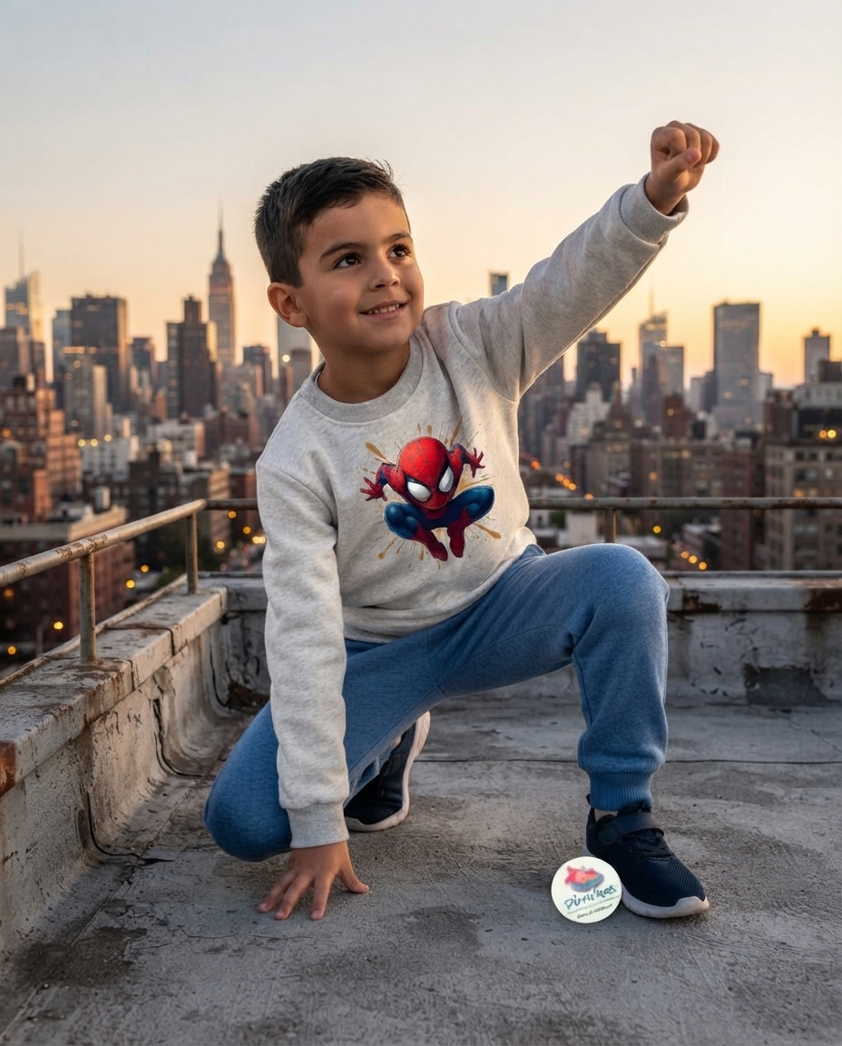 Camisola cinza com estampa do Homem-Aranha e calças azuis numa cobertura urbana ao pôr do sol.