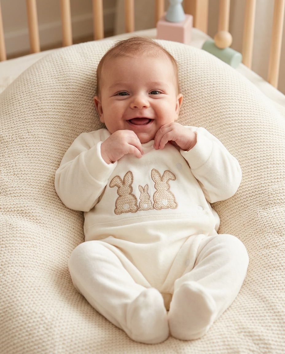 Bebé sorridente vestido com fato creme com coelhos, deitado em almofadão de malha creme num berço de madeira clara.