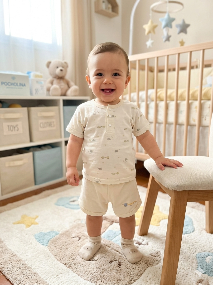 Bebé sorridente com roupa bege com padrão, em quarto infantil com berço de madeira e tapete colorido