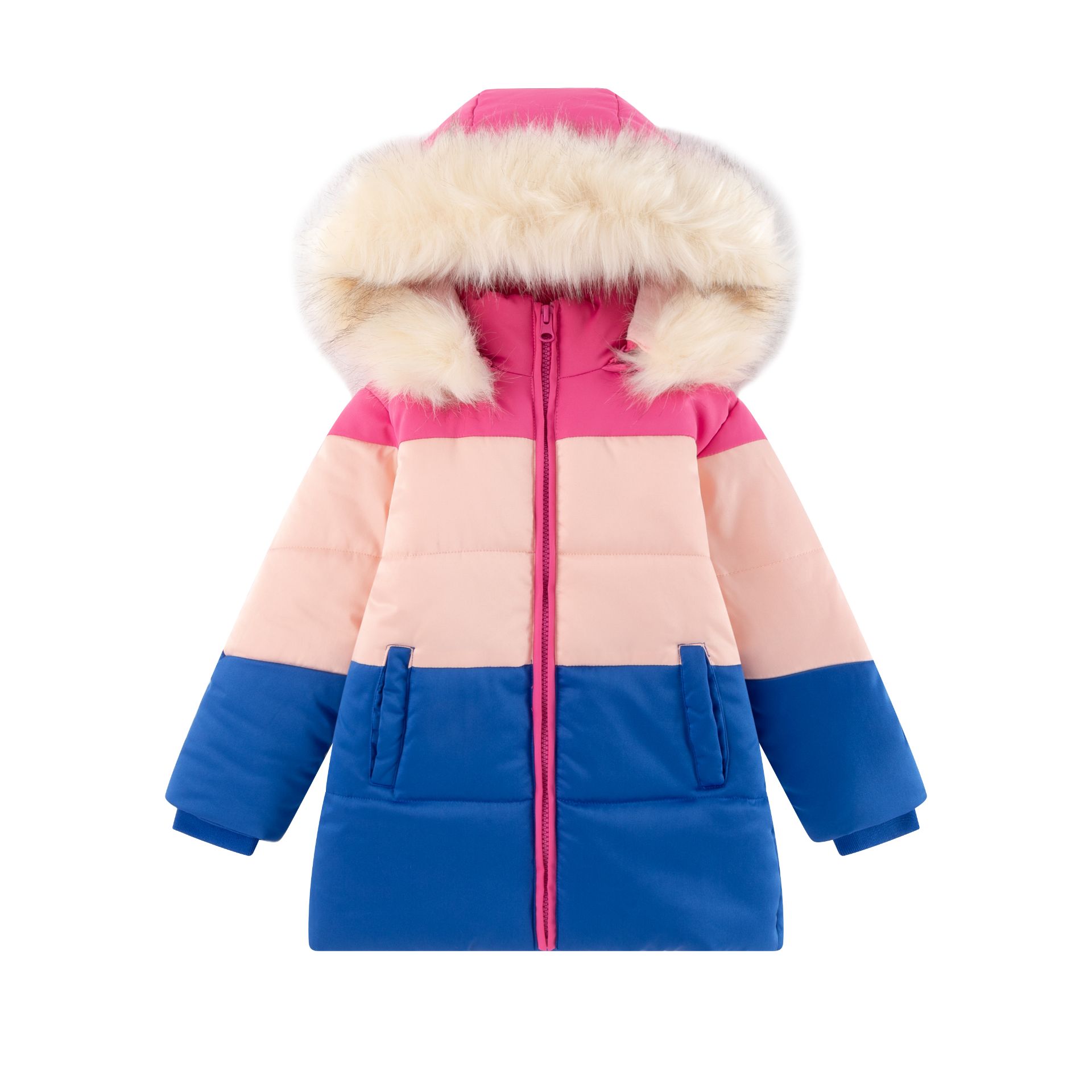 Casaco infantil acolchoado com capuz e forro de pelo
