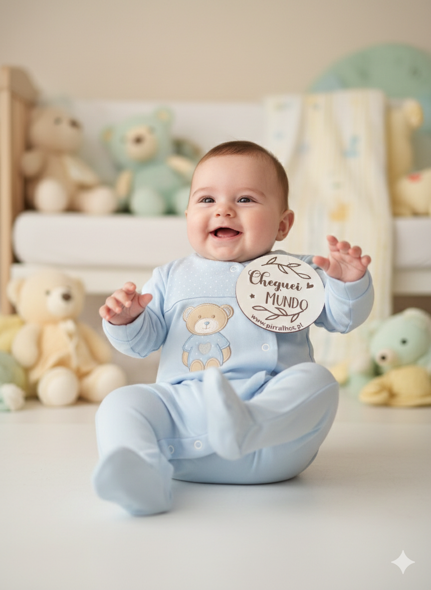 Bebé sorridente com pijama azul e placa redonda com texto