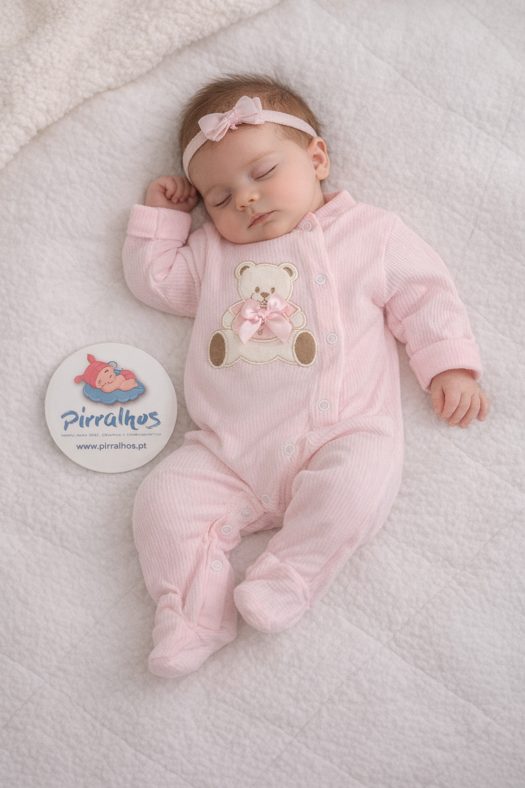 Bebé a dormir com pijama cor-de-rosa com ursinho bordado