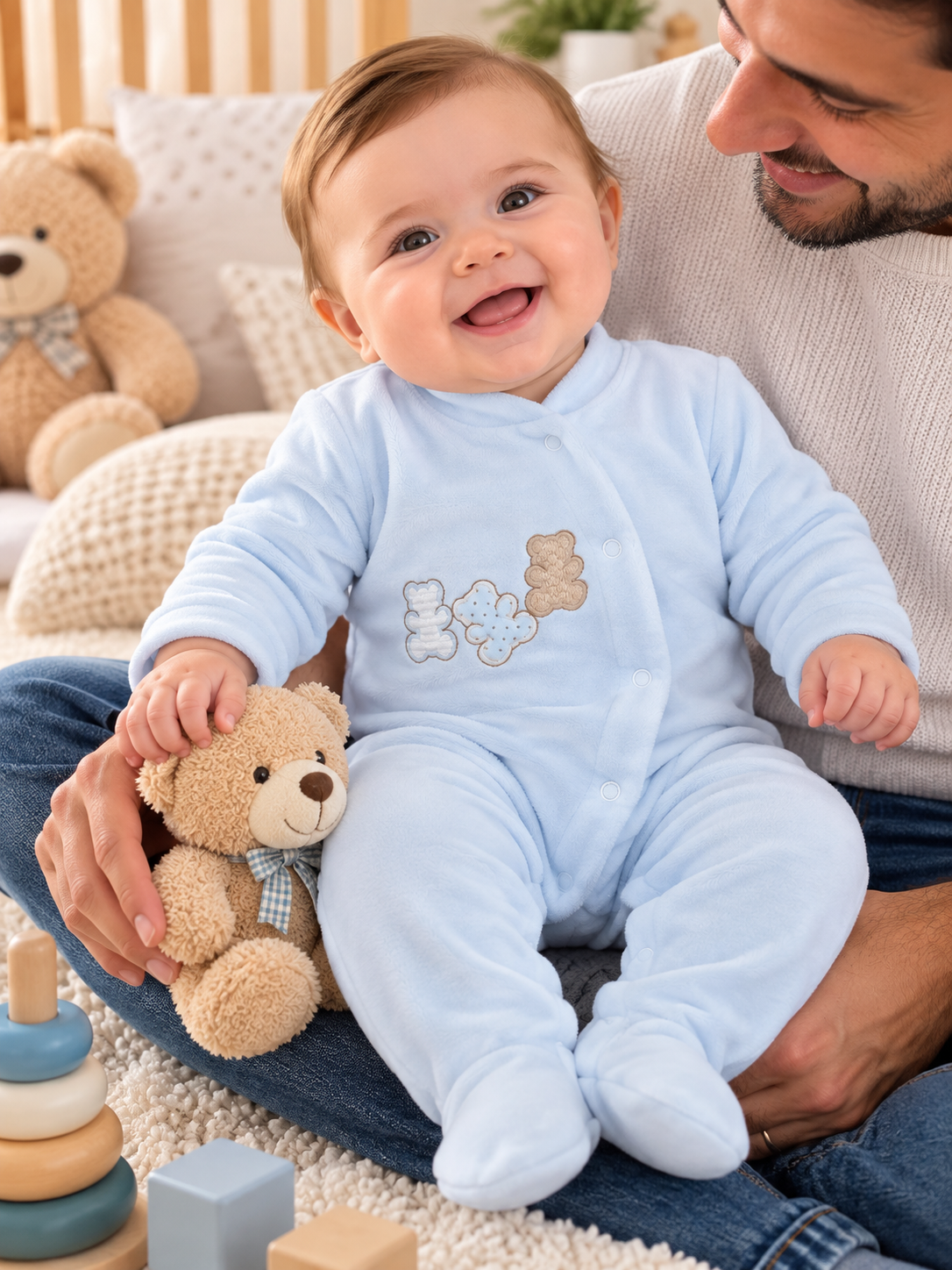 Macacão de bebé azul claro com ursinhos bordados e ursinho de peluche