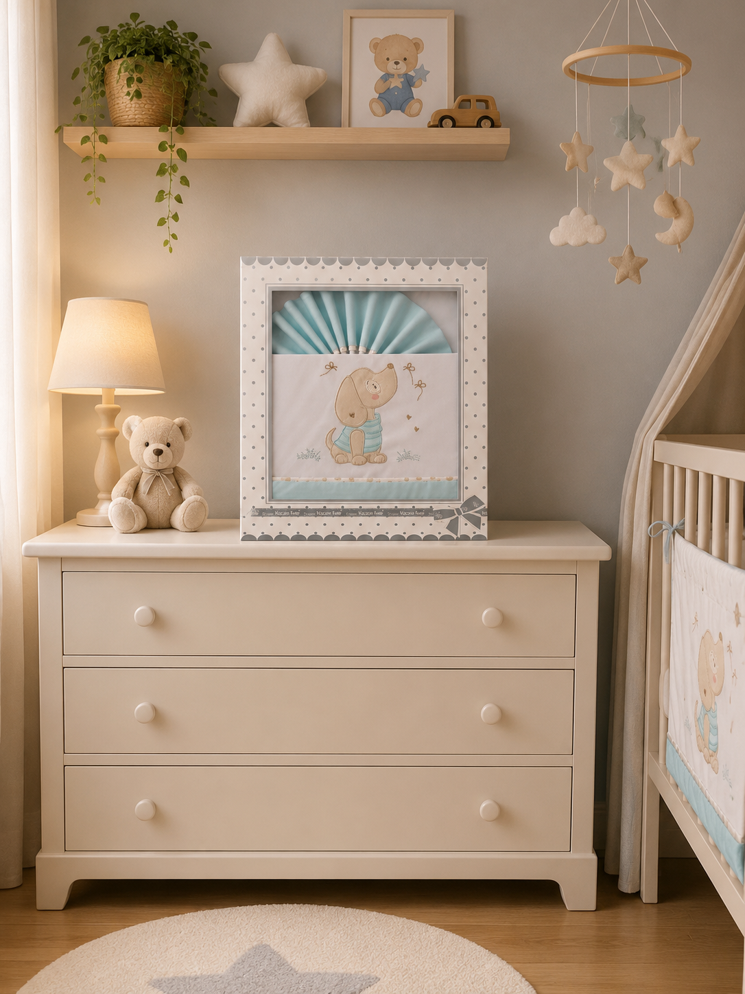 Quarto de bebé decorado com cómoda, candeeiro, urso de peluche, prateleira, quadro, móbile e embalamento com roupa de cama azul e branca.