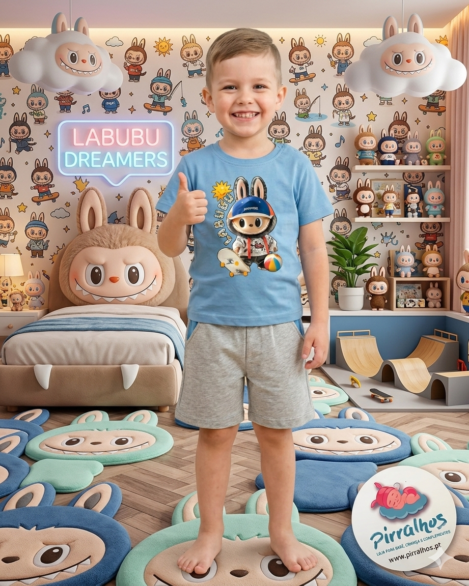 Quarto infantil com decoração e mobiliário temáticos Labubu, incluindo cama, tapetes, bonecos e papel de parede com personagens divertidos.