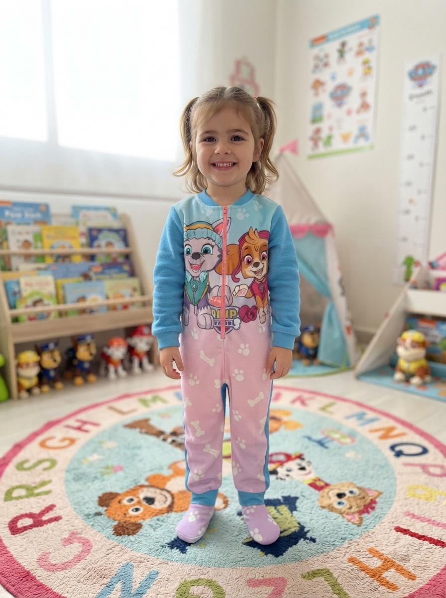 Criança em pijama rosa e azul com personagens animados em quarto infantil com tapete do alfabeto e brinquedos