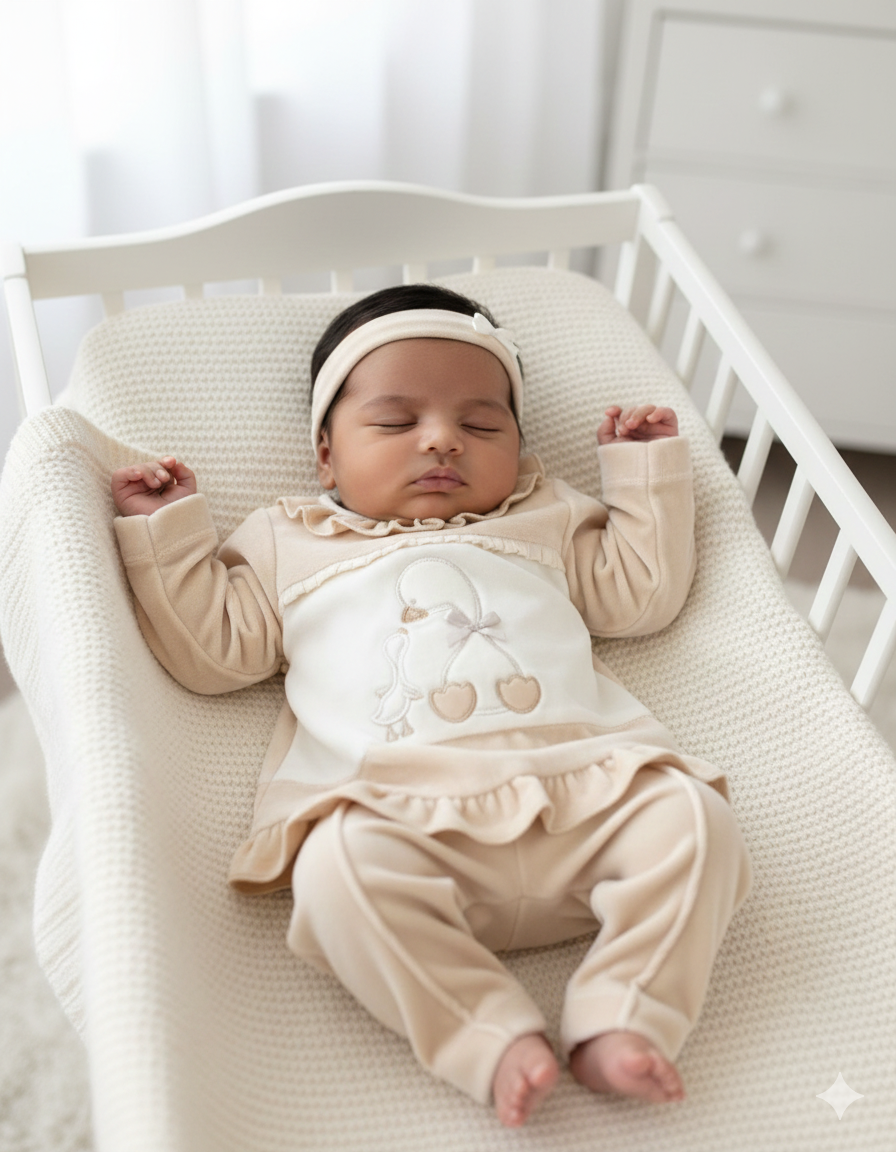 Bebé a dormir em álcool bege com pijama bege e branco bordado e faixa de cabelo creme