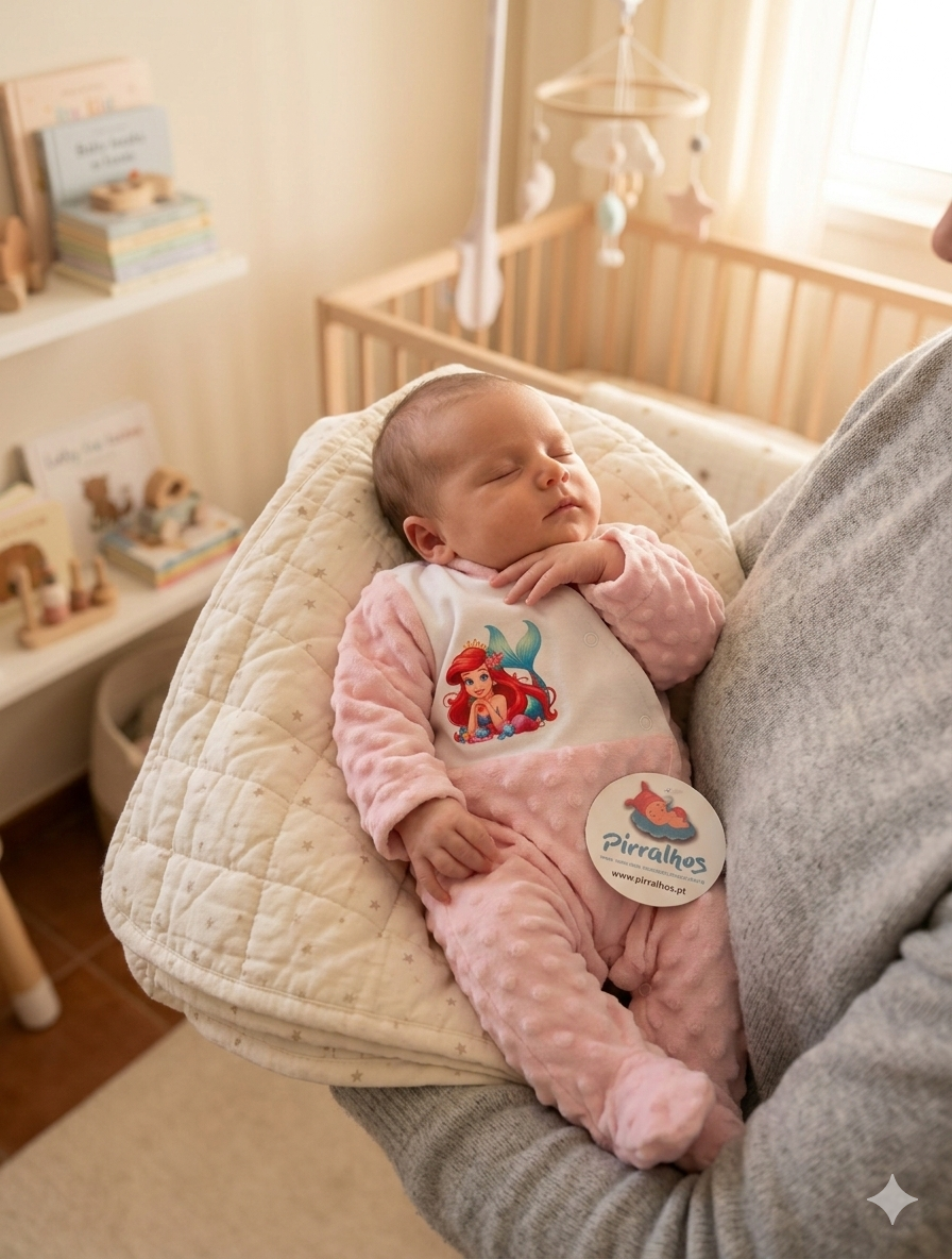 Bebé com macacão cor-de-rosa e estampa Ariel adormecido no colo com almofada creme e etiqueta Pirralhos