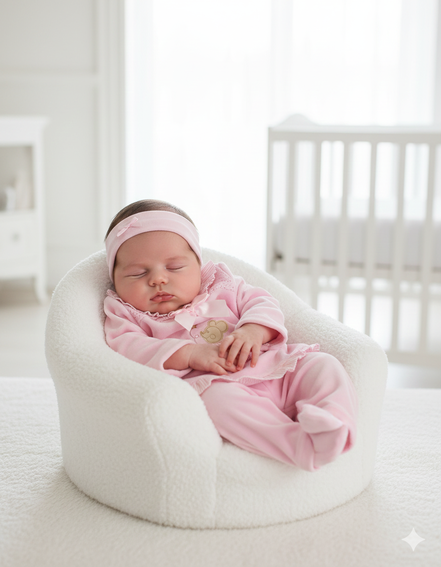 Bebé a dormir vestindo fato de pijama cor-de-rosa numa cadeira branca macia num quarto de bebé claro