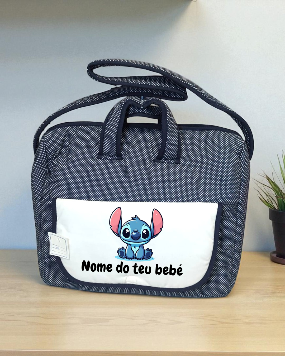 Mala de bebé cinzenta com bolso branco e estampa Stitch