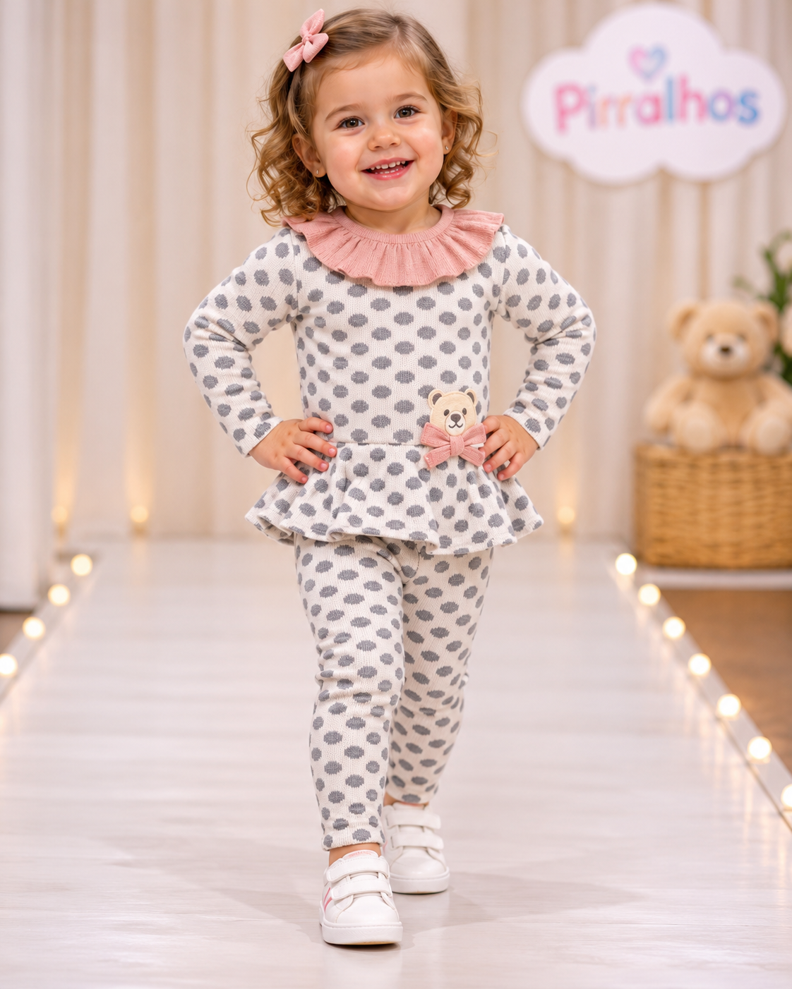 Menina com conjunto de roupa infantil bolinhas cinza e gola rosa com ursinho e ténis brancos
